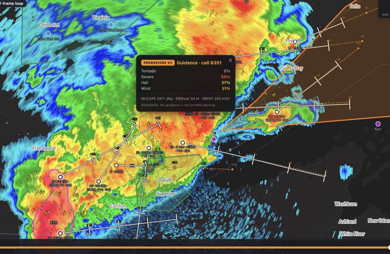 Anvil showing a tornado-warned supercell with storm tracks, warning polygons, and per-storm severe-weather probabilities.