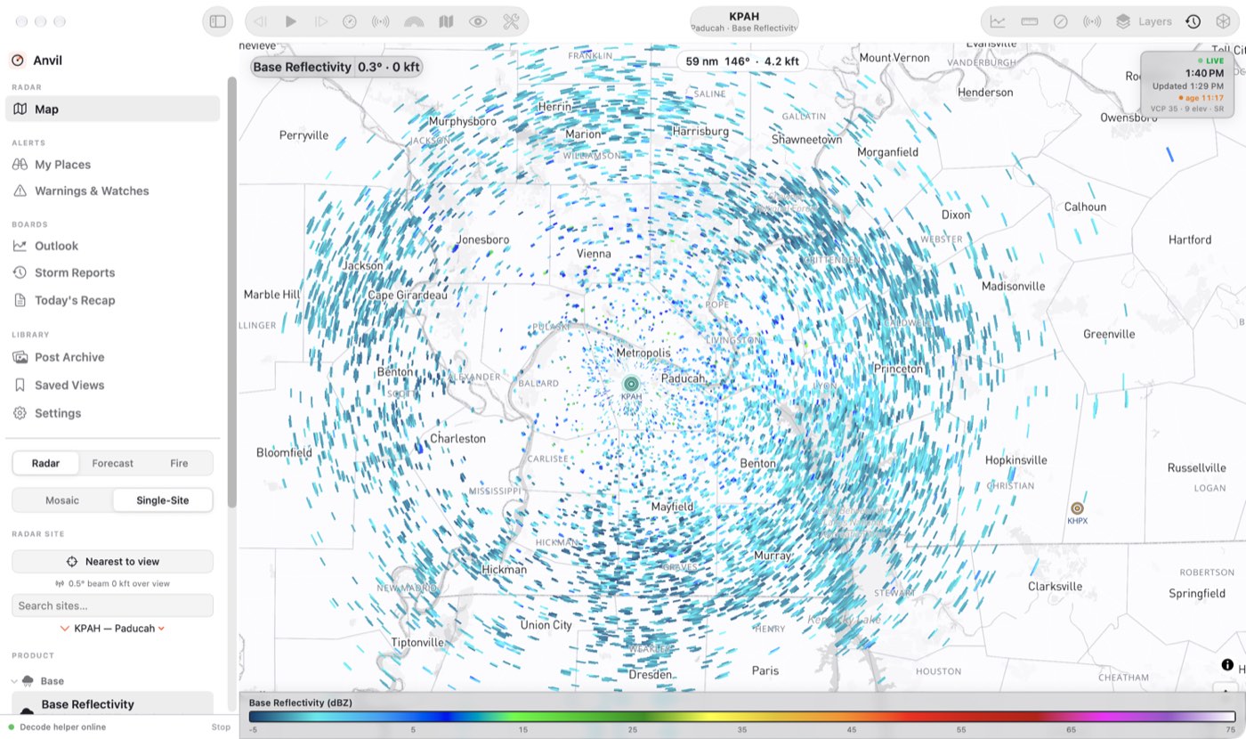 The Anvil workstation showing base reflectivity around the Paducah radar, with county lines, radar-site markers and the product list in the sidebar.