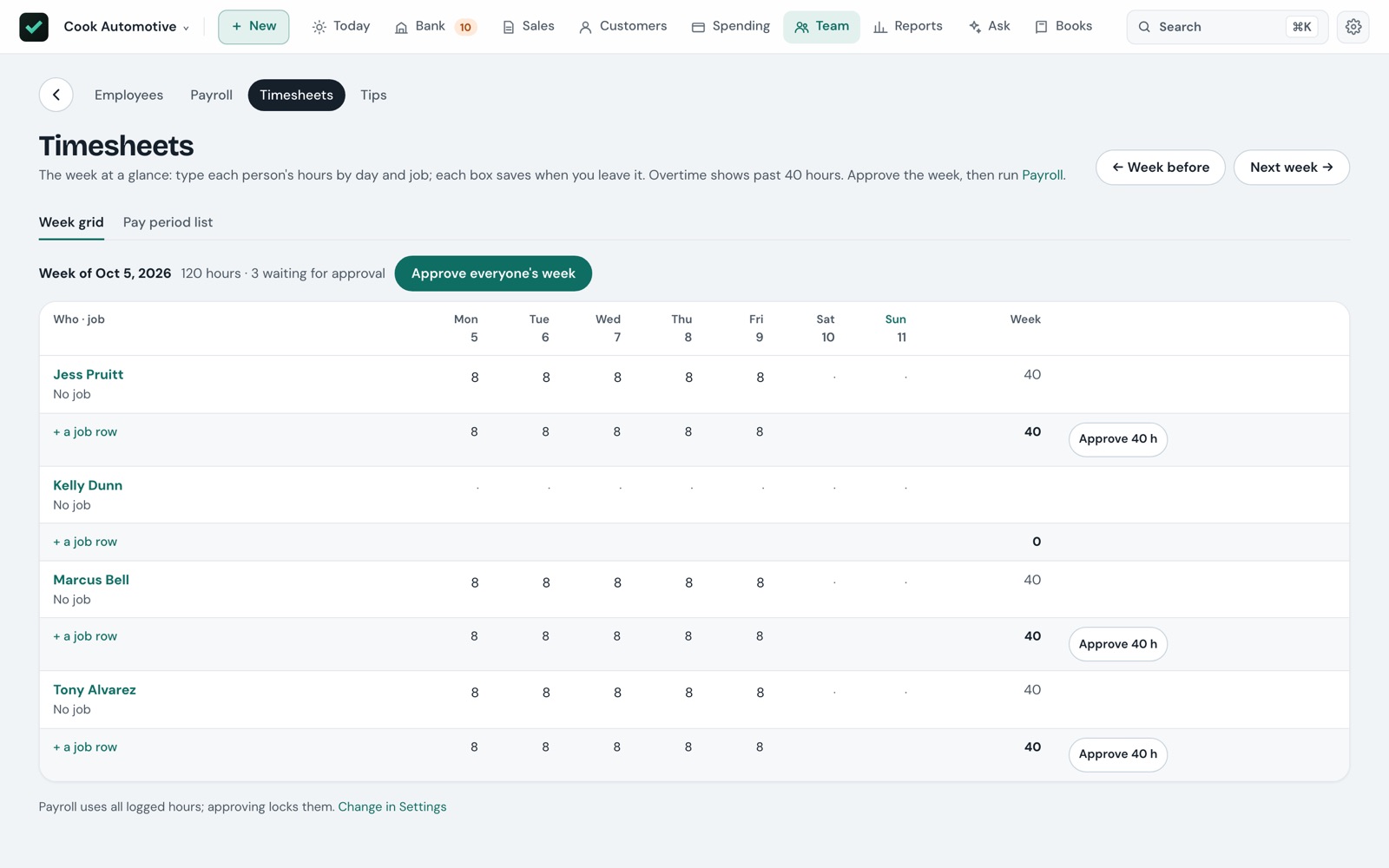 The Timesheets week grid: four employees' hours by day, with a button to approve everyone's week before payroll.