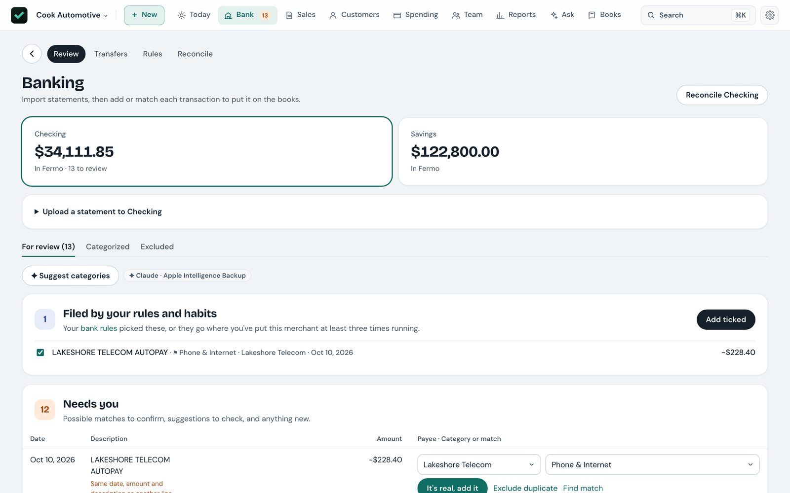 The Banking page: checking, savings and cash drawer balances, lines filed by bank rules ready to add in one click, and lines that need a decision.