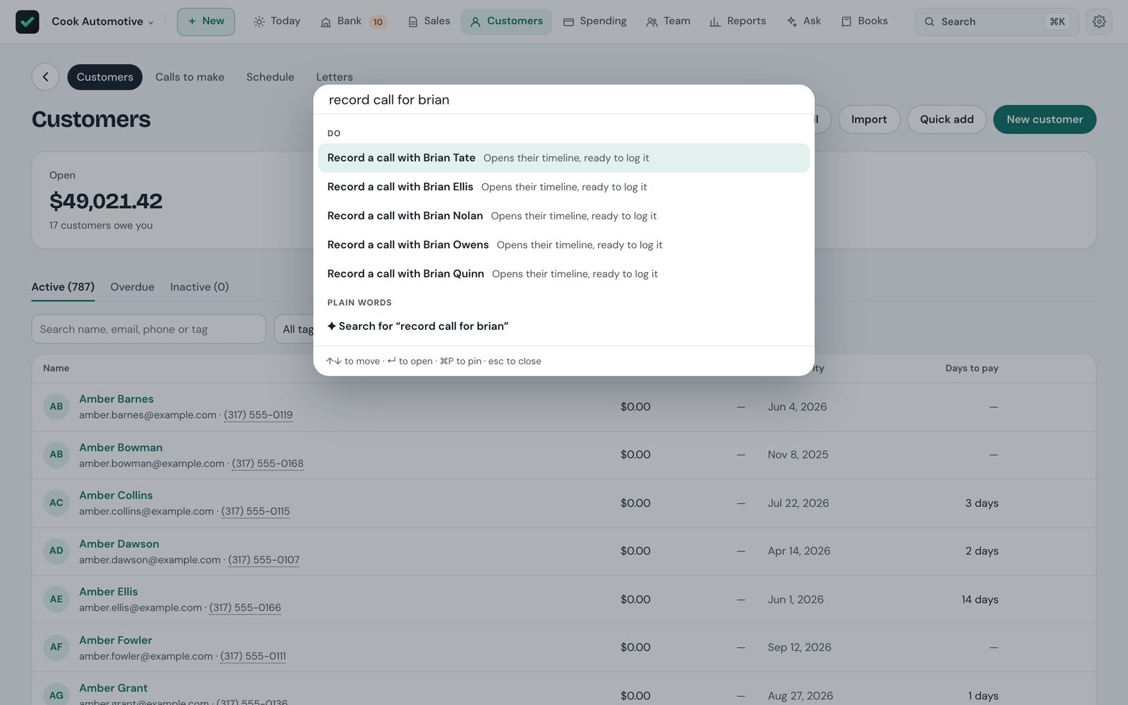 The command box over the Customers page: typing 'record call for brian' lists matching customers to log a call for.