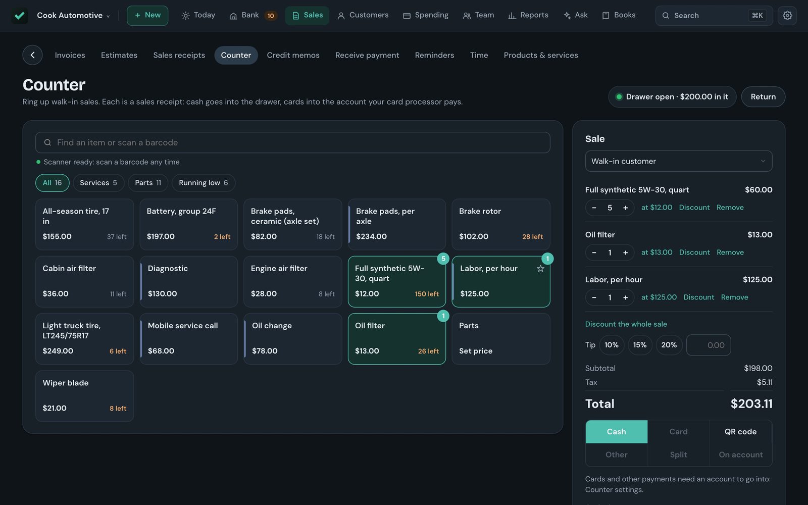 The Counter in dark mode, with the drawer open and a sale in progress.