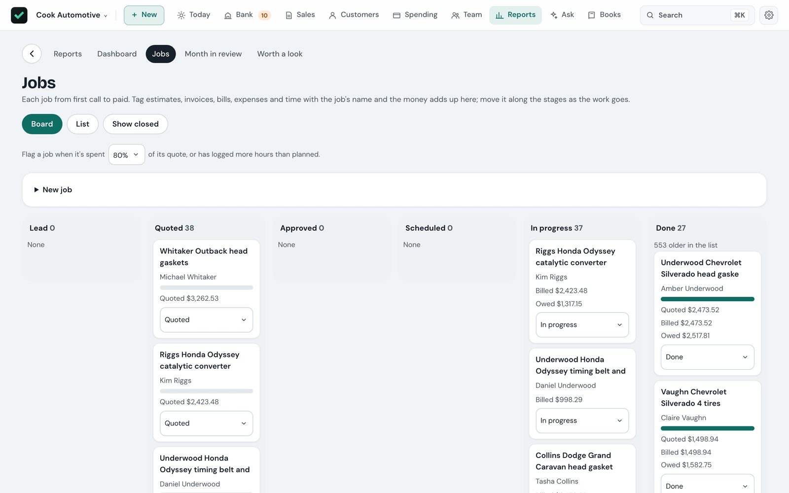 The jobs board: columns from Lead and Quoted through Scheduled, In progress and Done, each job card with its quote, what's billed and its stage.