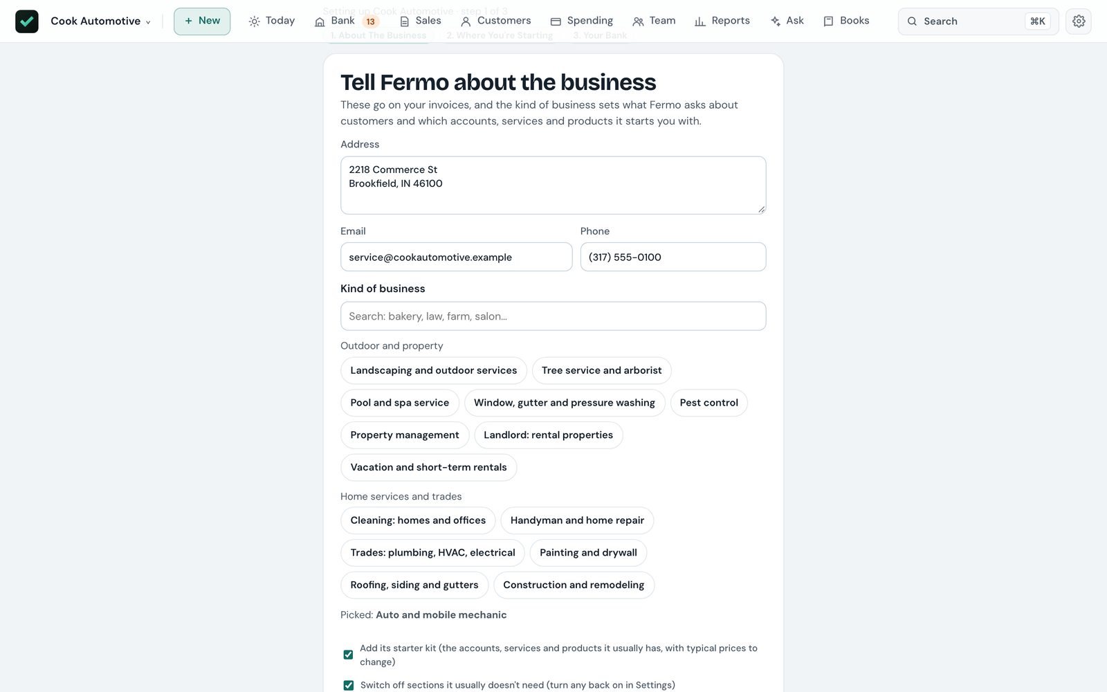 Tell Fermo about the business: the company's address and contact details, and a searchable list of kinds of business grouped by outdoor and property, home services and trades, and more.