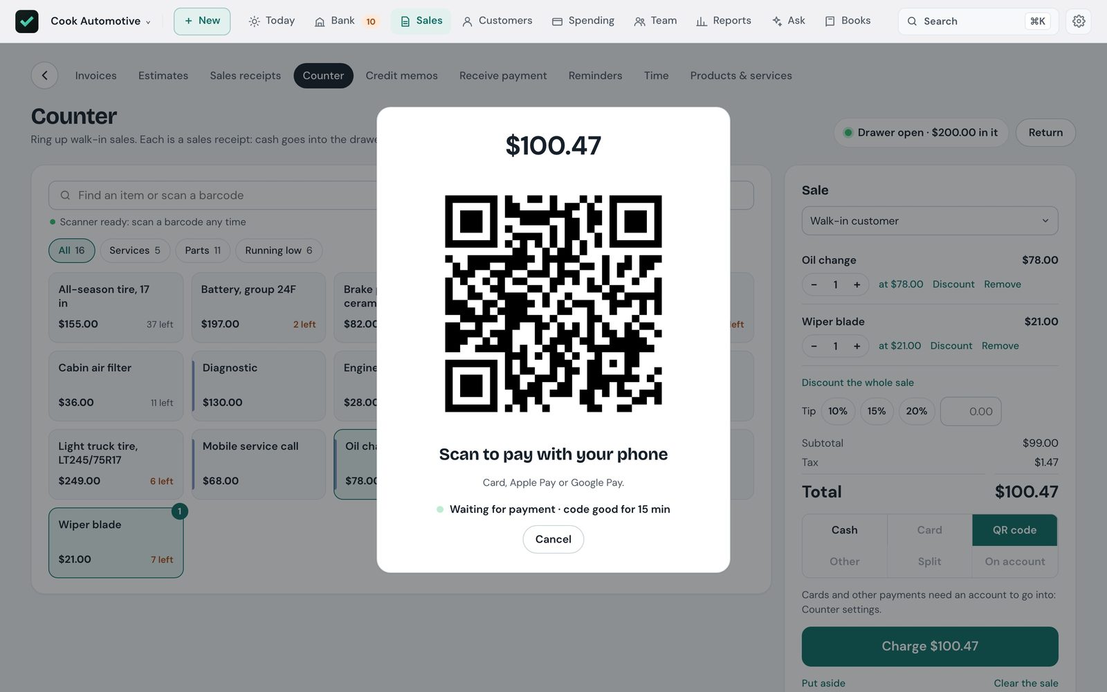 A QR code for $100.47 on the Counter, for the customer to scan and pay on their own phone.