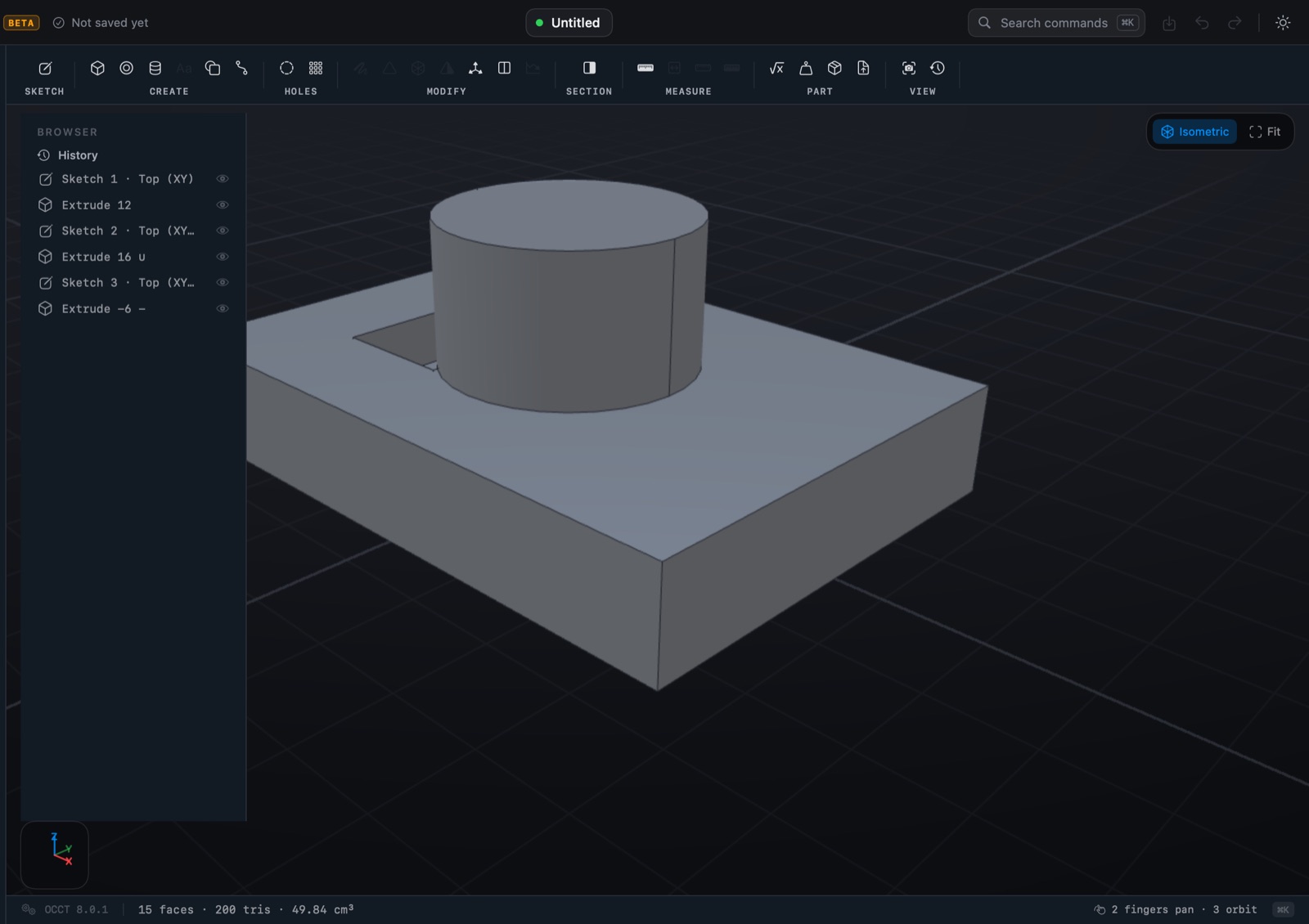 The Lathe modelling view: a feature history of sketches and extrudes in the browser on the left, and a bossed plate with a pocket in the 3D viewport.