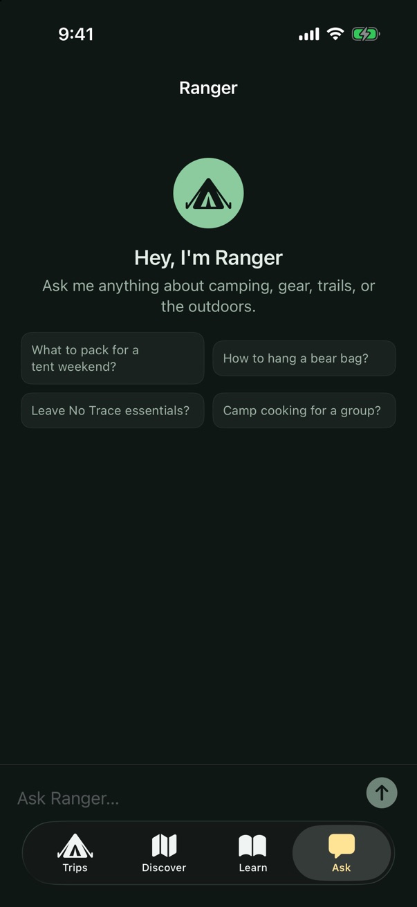 Ranger, the on-device AI assistant, with suggested questions about packing, bear bags and Leave No Trace.