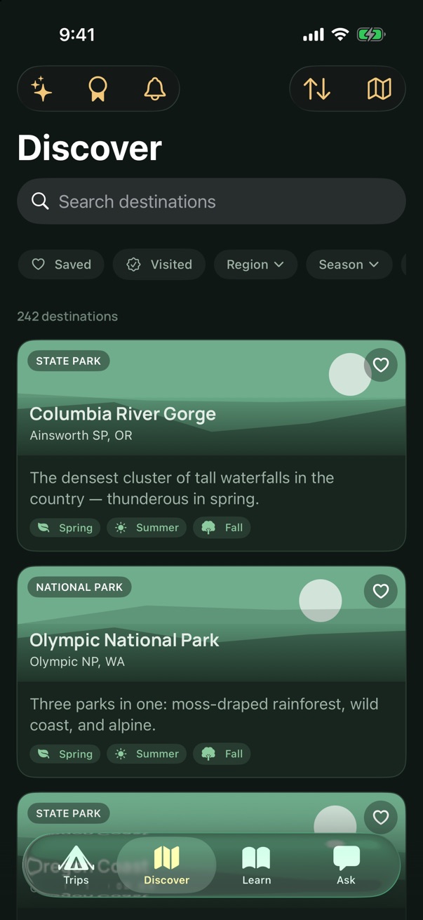 The Discover tab: a searchable catalog of parks and campgrounds with season tags, starting with Columbia River Gorge and Olympic National Park.