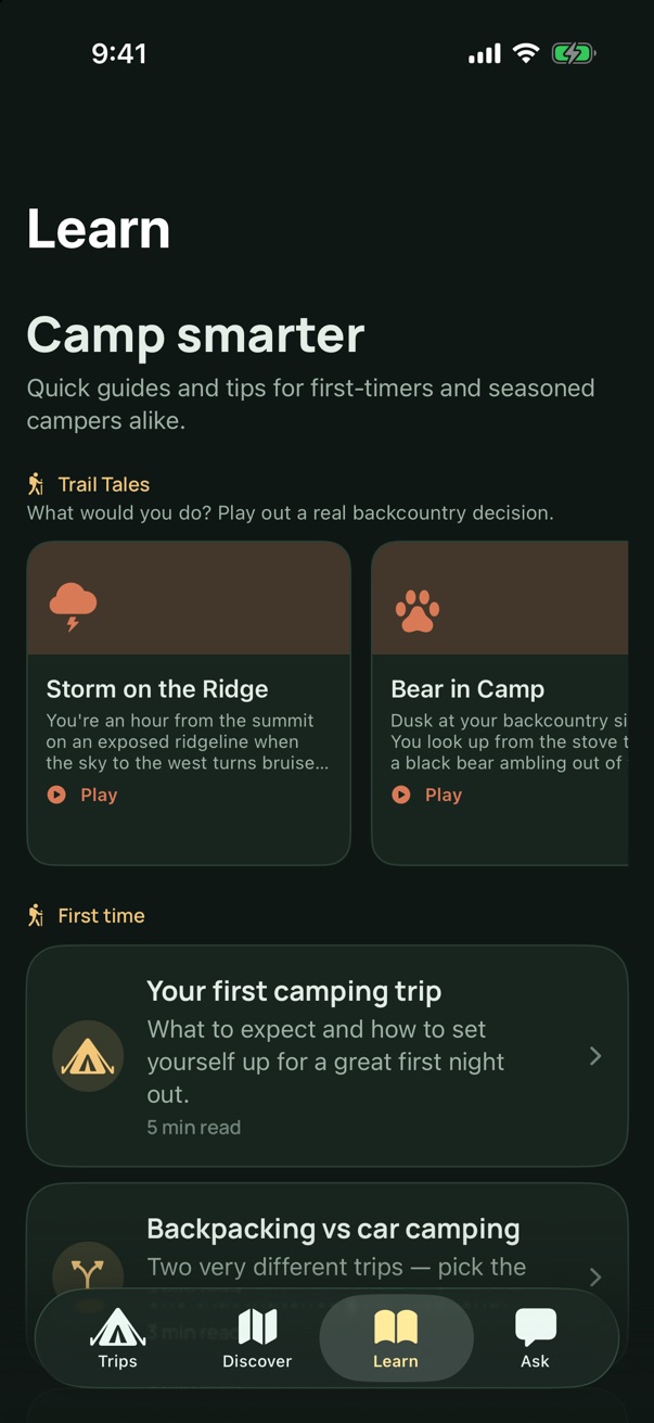 The Learn tab: Trail Tales scenarios such as Storm on the Ridge and Bear in Camp, and field guides for first-time campers.