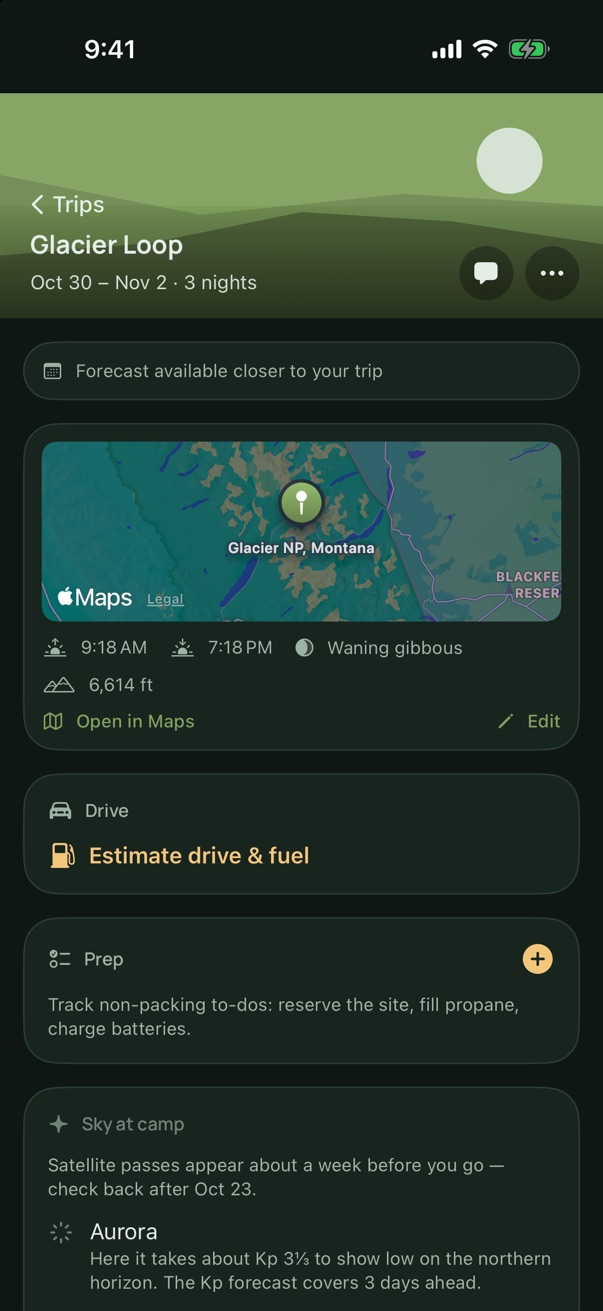 Trip detail for Glacier Loop: a map of Glacier National Park, sunrise and sunset, elevation, drive and fuel, prep, and the sky-at-camp card.