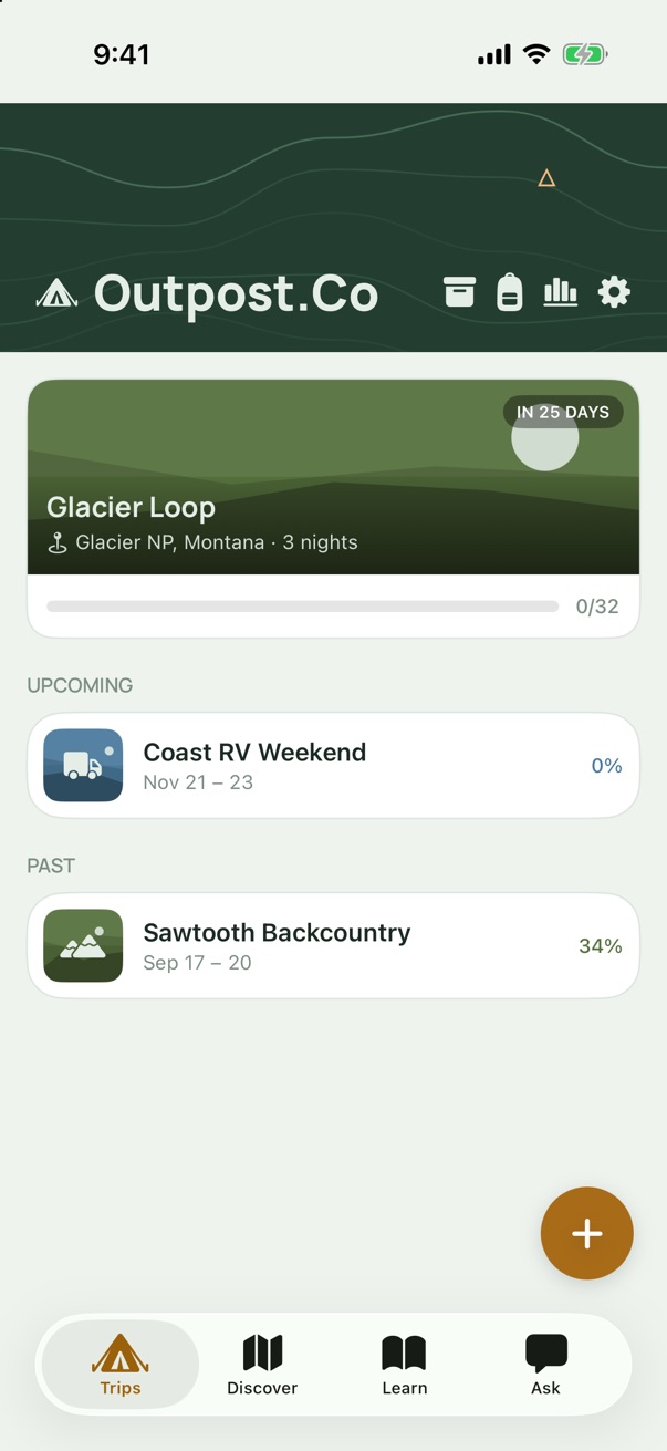 The same Trips tab by day: sage on white cards under the topo band.