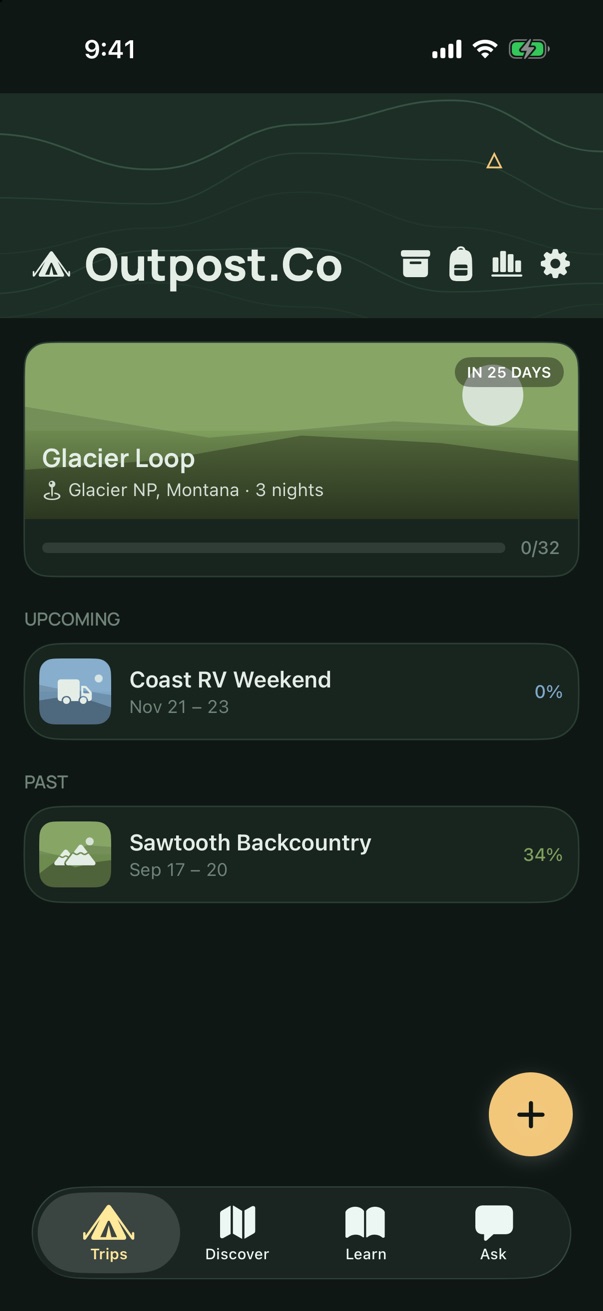The Outpost.Co Trips tab at night: the topo header band, the next trip, Glacier Loop, in 25 days, and an upcoming and a past trip.