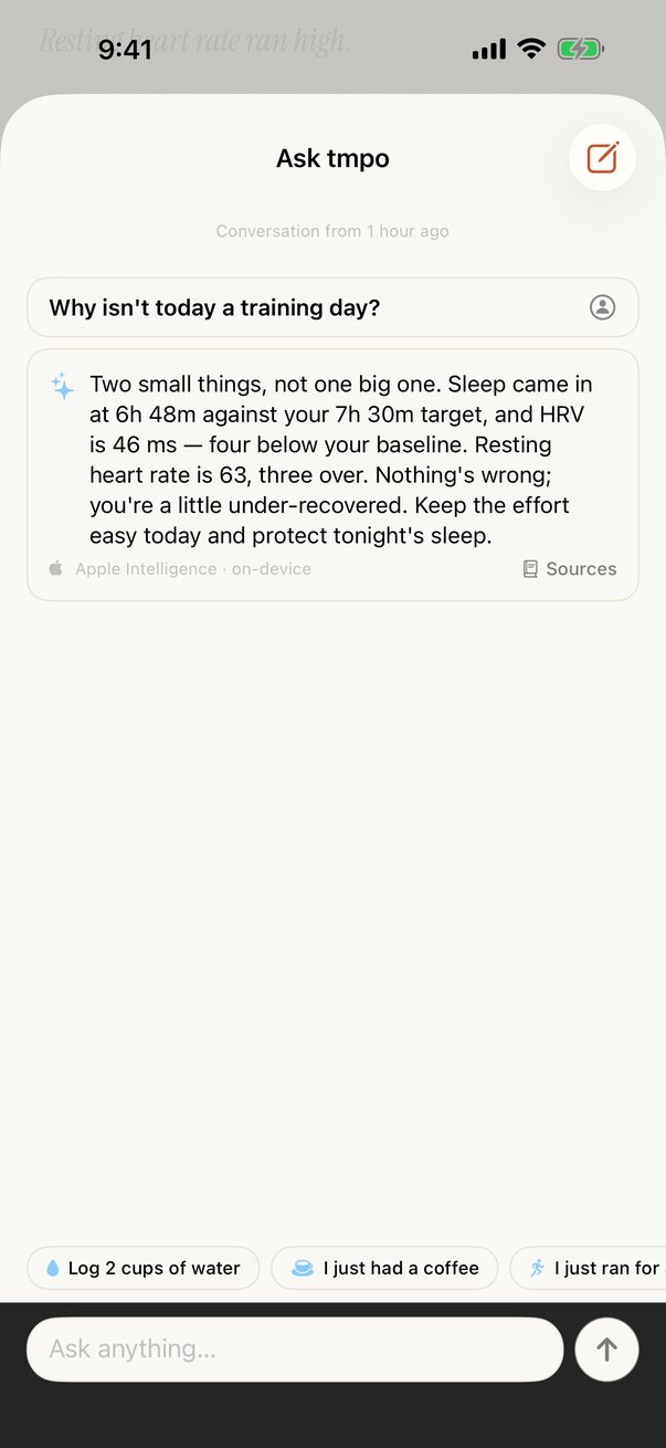 Ask tmpo: the question 'Why isn't today a training day?' answered from the night's sleep, HRV and resting heart rate, marked Apple Intelligence, on-device.