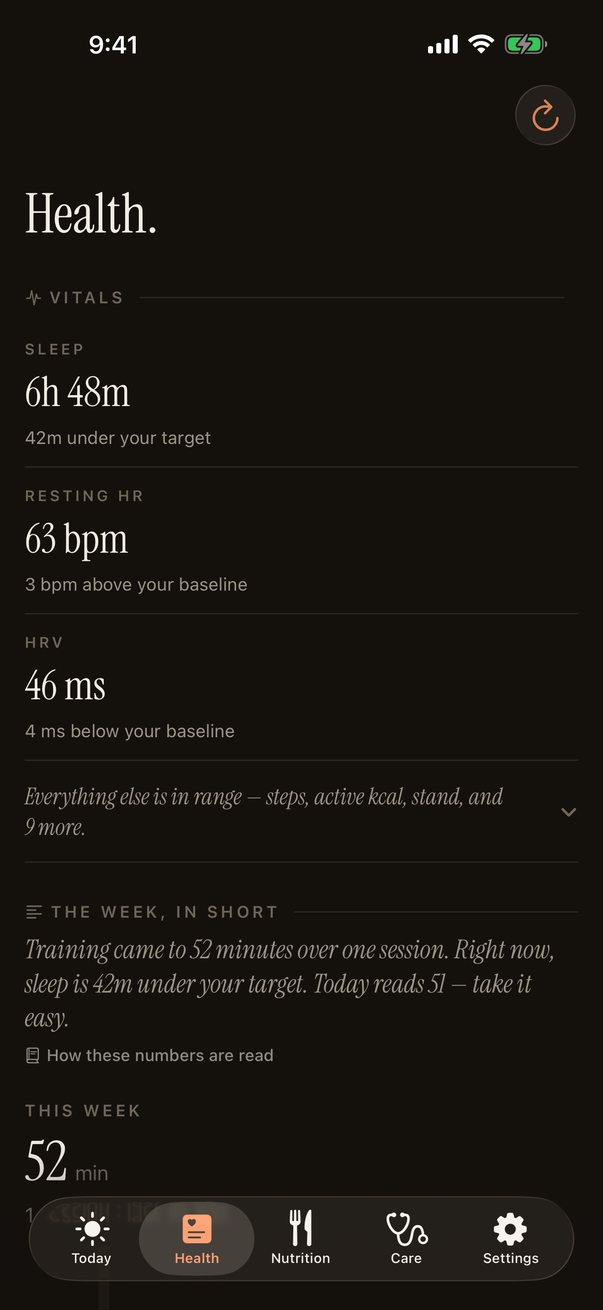The Health screen in dark mode.