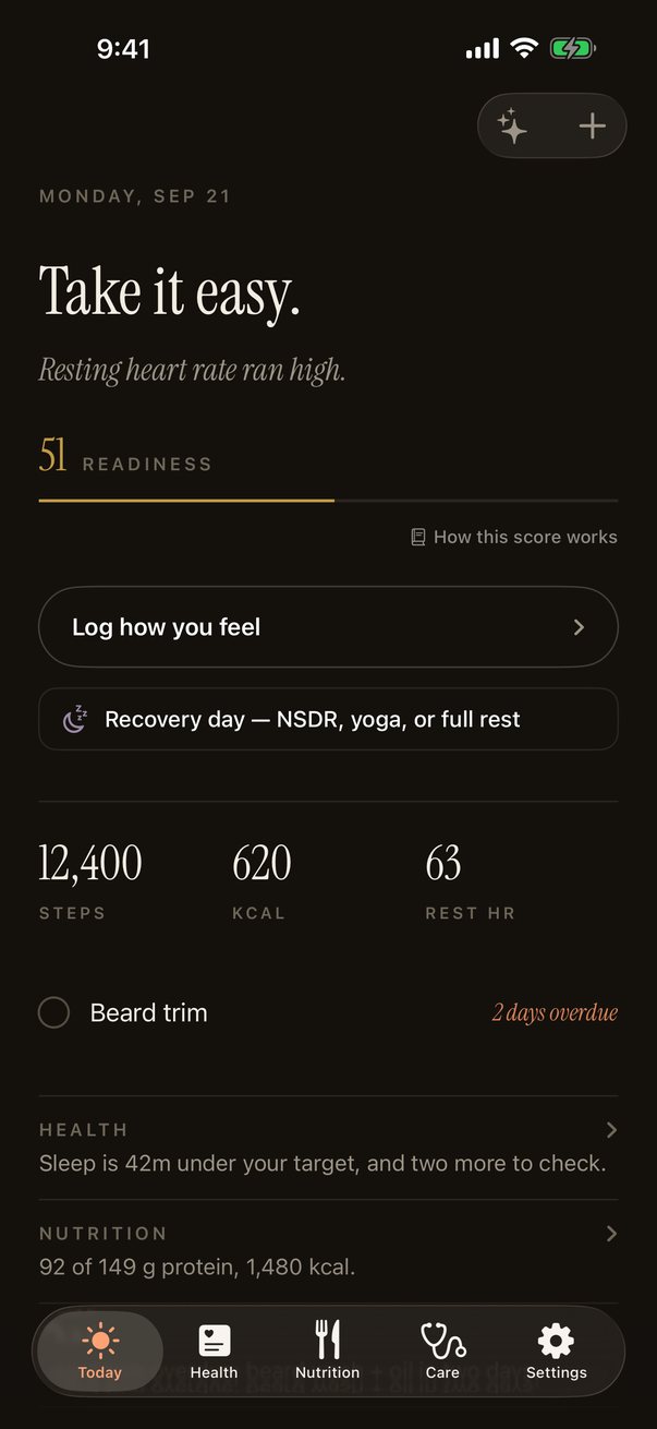 The Today screen in dark mode.