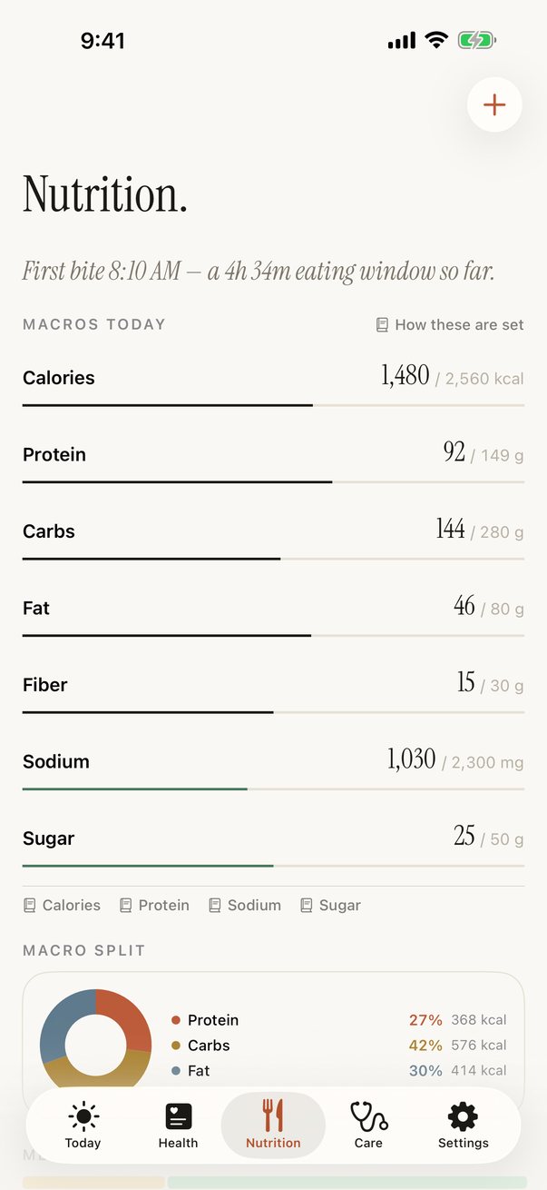 The Nutrition screen: the first bite at 8:10 AM and the eating window so far, today's calories, protein, carbs, fat, fiber, sodium and sugar against their targets, and the macro split.
