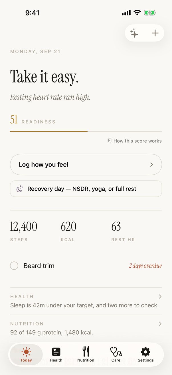 tmpo's Today screen: 'Take it easy. Resting heart rate ran high.' A readiness of 51, a recovery-day suggestion, the day's steps, calories and resting heart rate, and a reminder two days overdue.