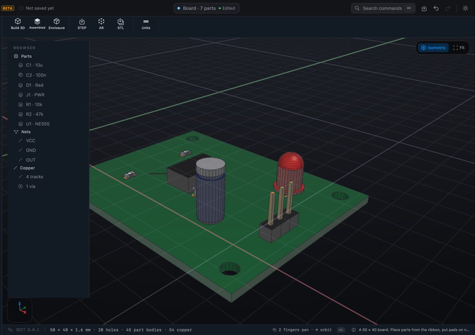 The board in 3D, every part modelled.