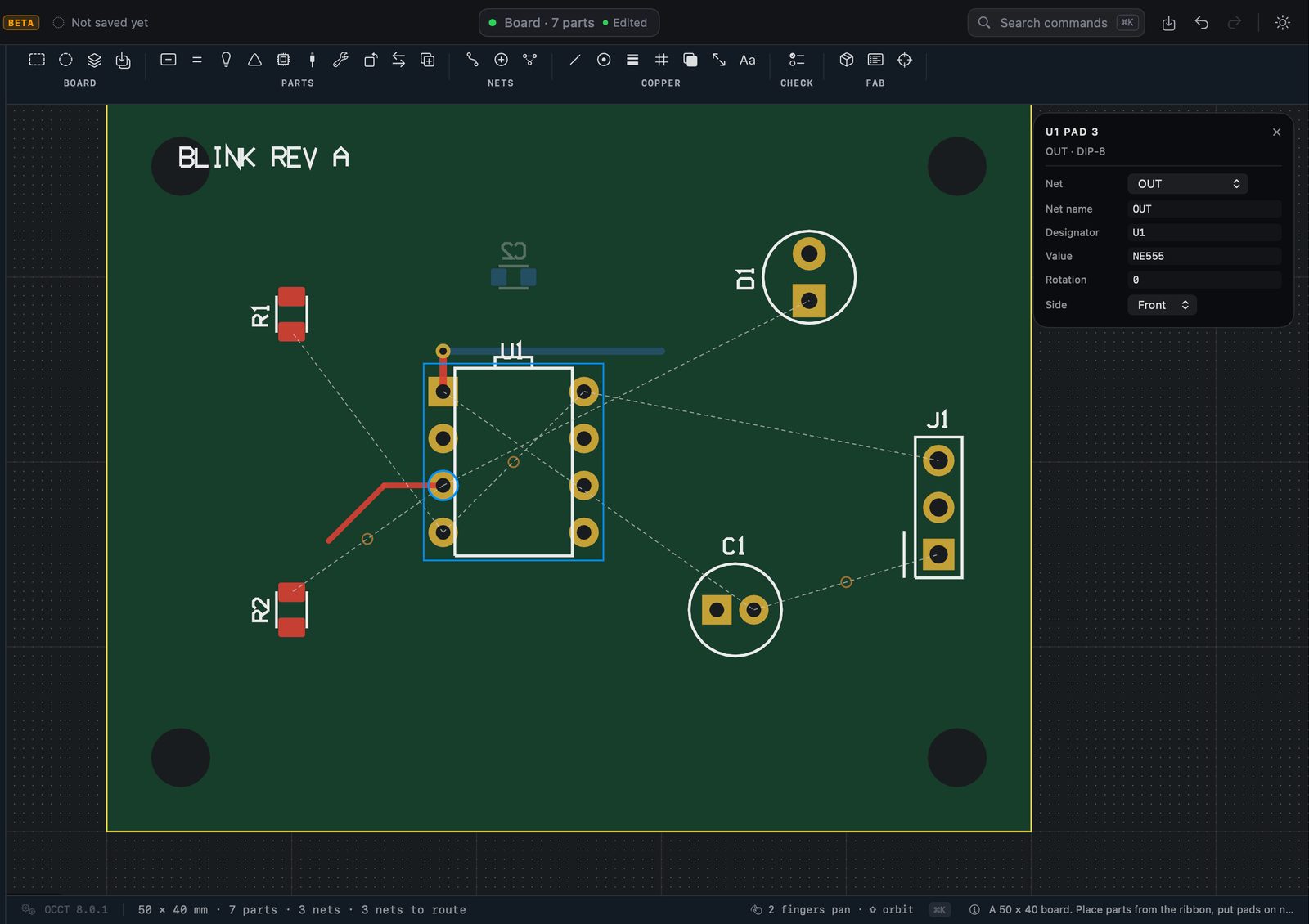 A board: parts placed and copper routed.