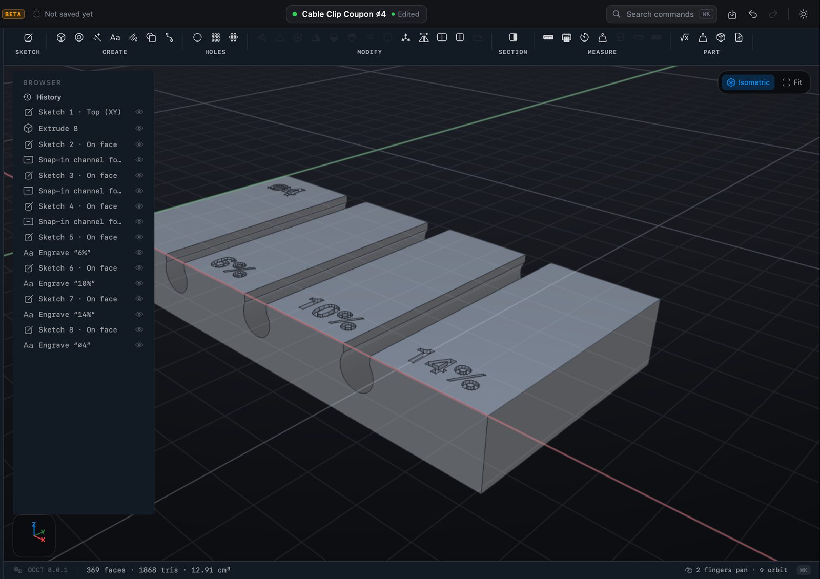 A test coupon — three channels a fifth of a millimetre apart — to print before the real part.