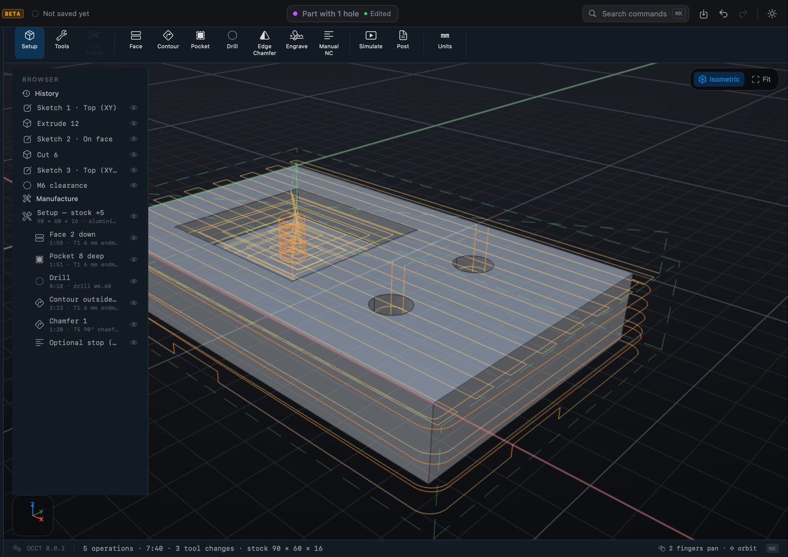 A job: stock, tools and operations, the toolpaths drawn on the part.