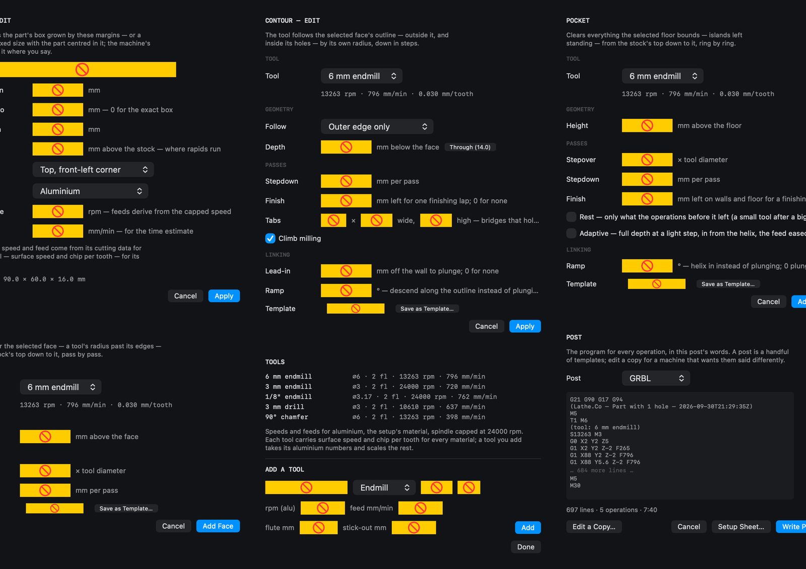 Setup sheets for whoever runs the machine.
