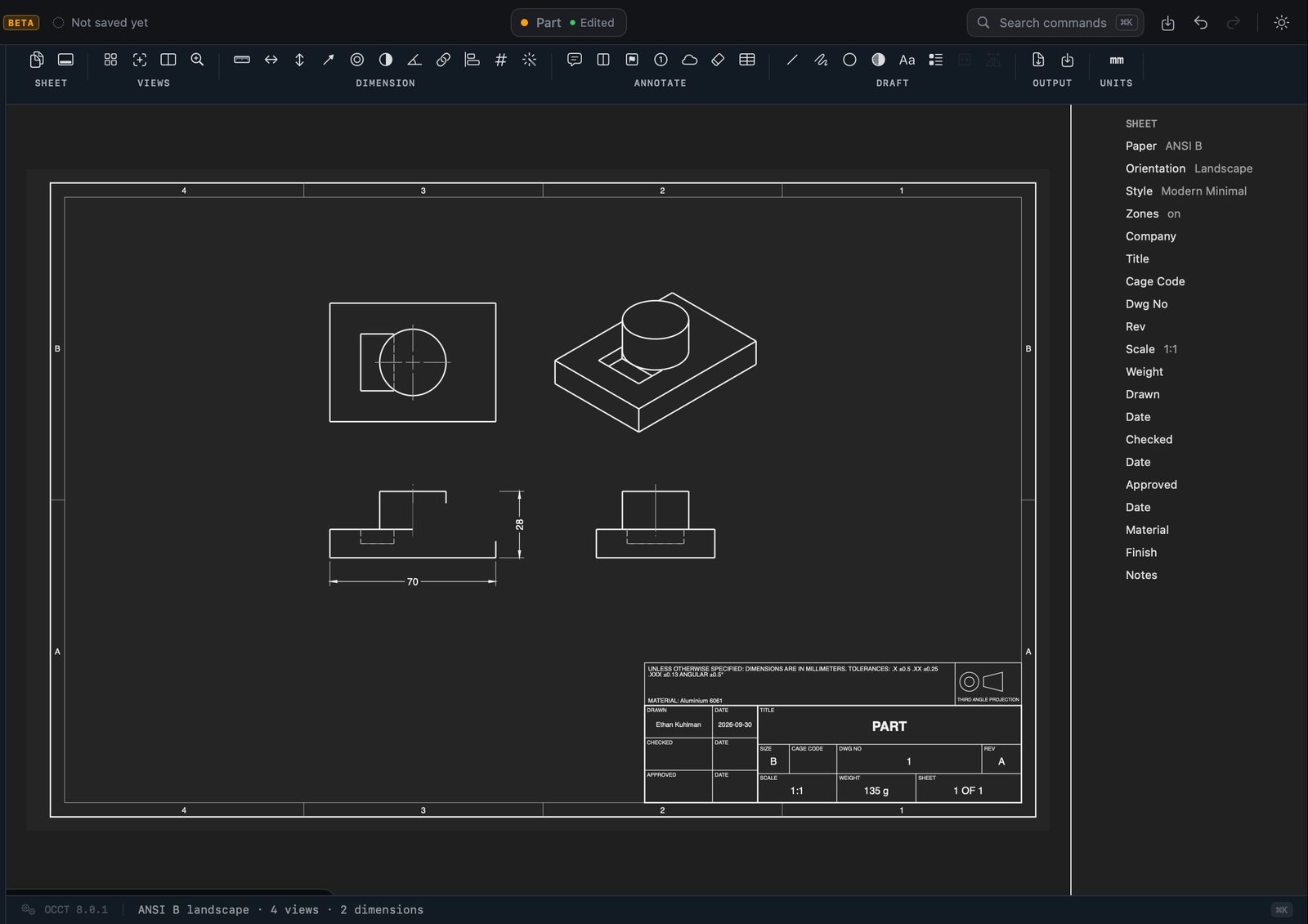 A part on an ANSI B sheet: four views, dimensions, and a title block with the material and the weight.