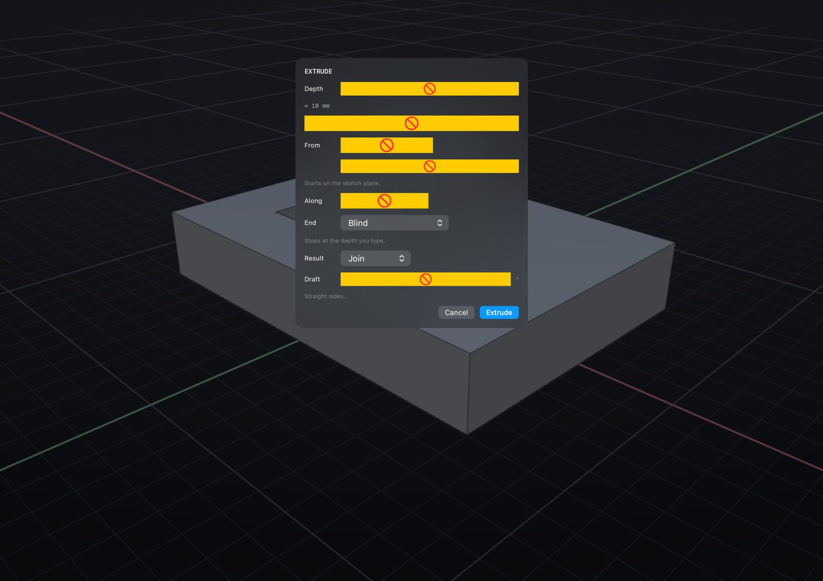 Extrude, with its settings beside it: distance, direction, and whether it joins or cuts.
