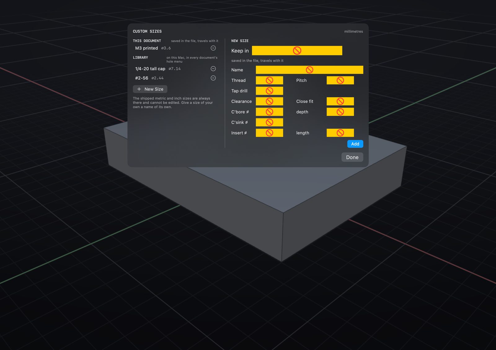 Fastener sizes are data: metric and inch ship, and sizes of your own travel with the file.