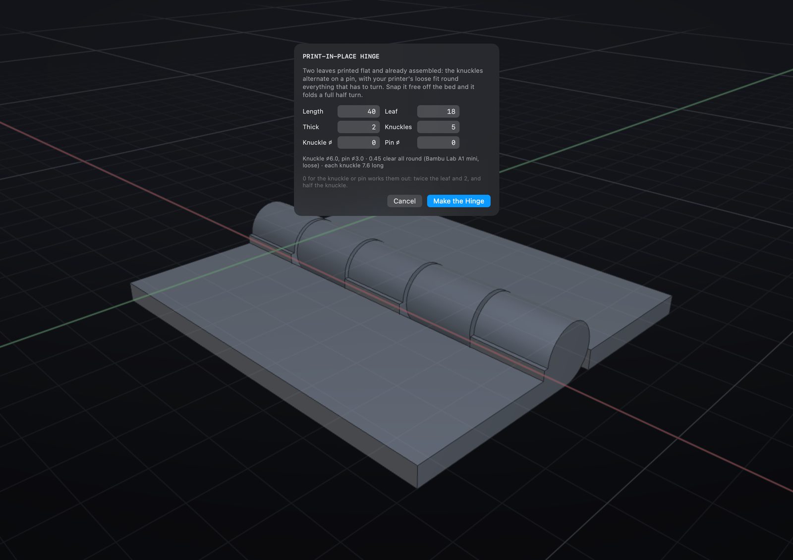 A print-in-place hinge from a few numbers.