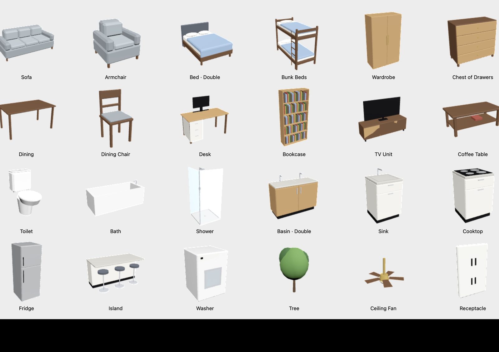 The catalogue: furniture, fixtures and plants at their real sizes.