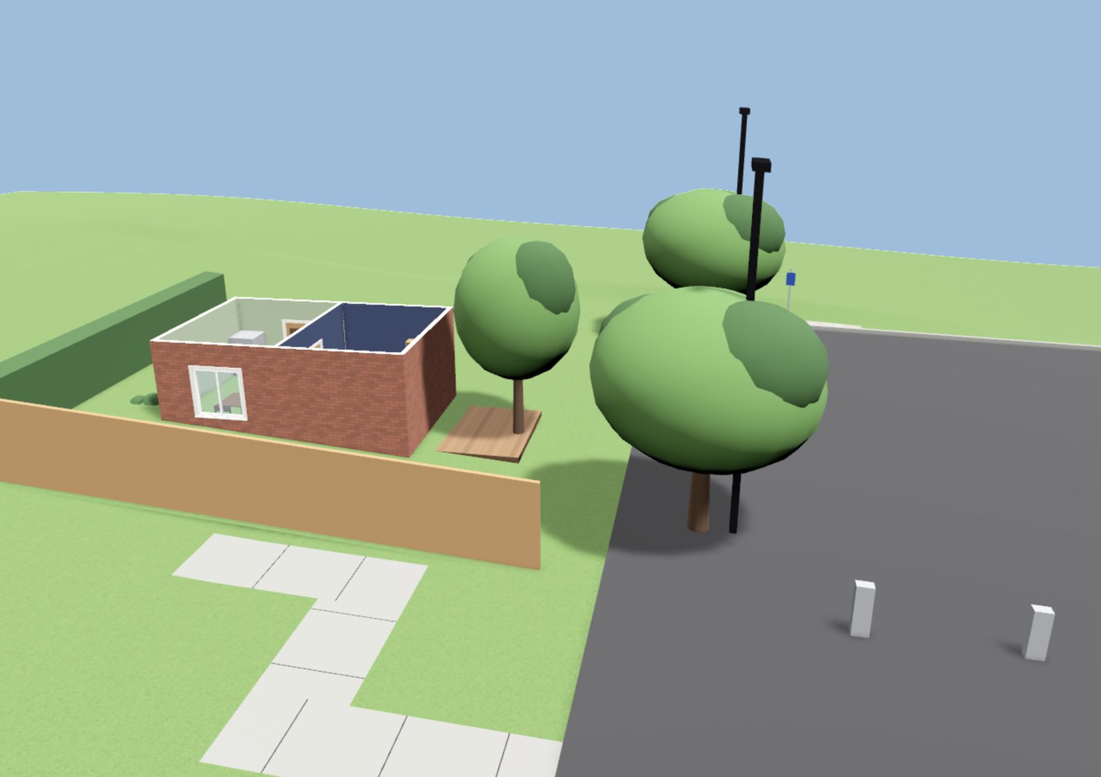 The site in 3D: the garden, a sidewalk, and a lot with trees and lights.