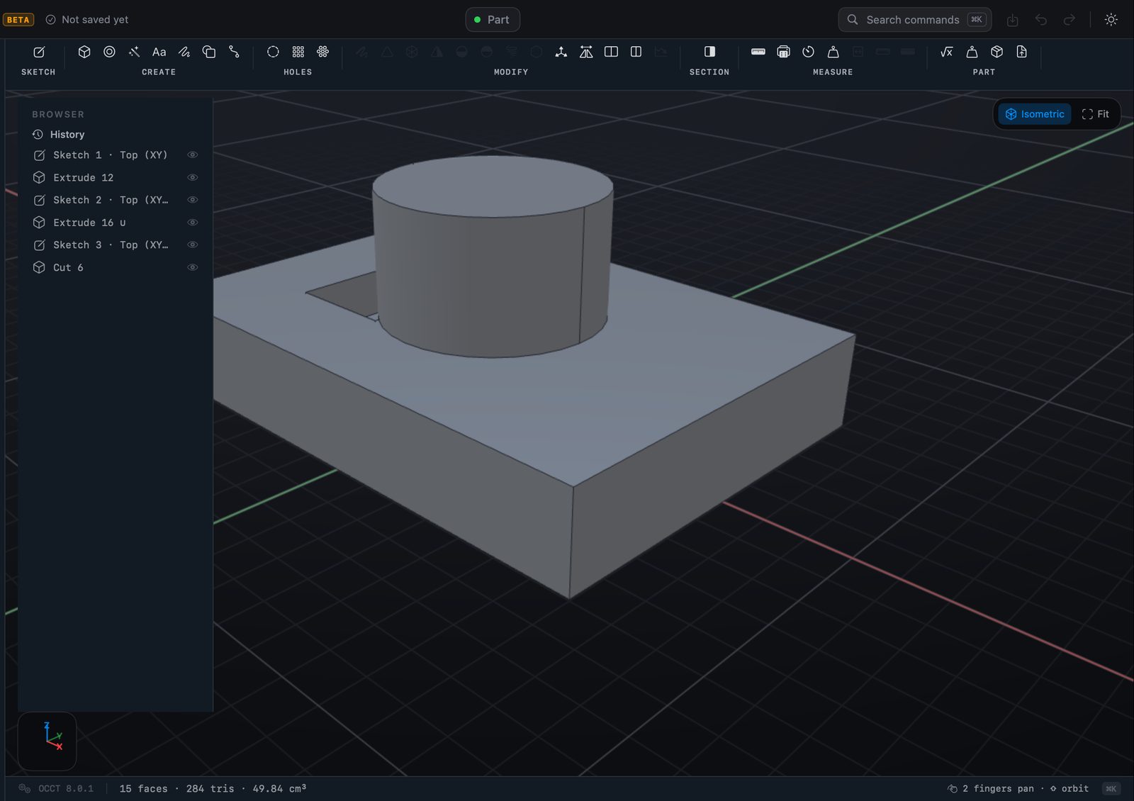 The Model tab: sketches, extrudes and a cut in the browser; the part on the grid.