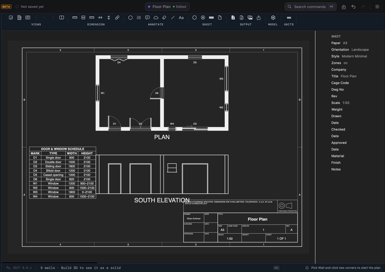 A floor plan on its sheet, with an elevation and the door and window schedule.