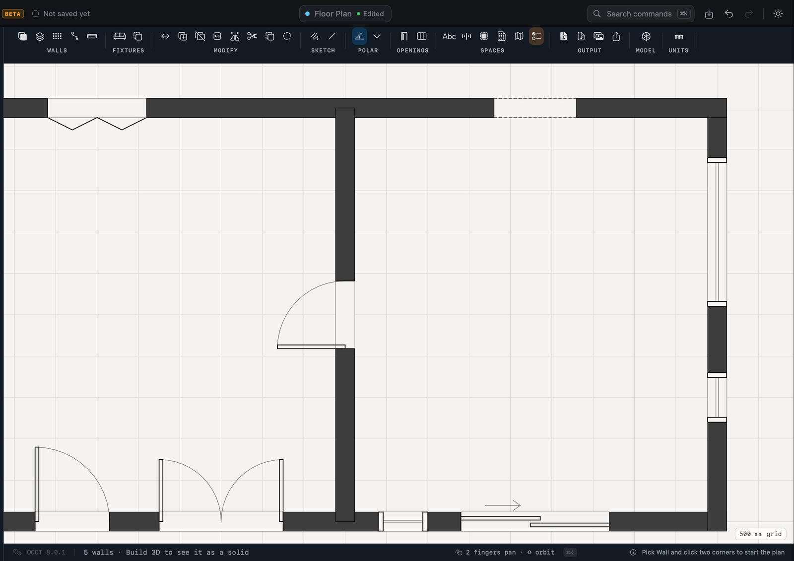 Walls, doors and windows, with their swings and sizes.