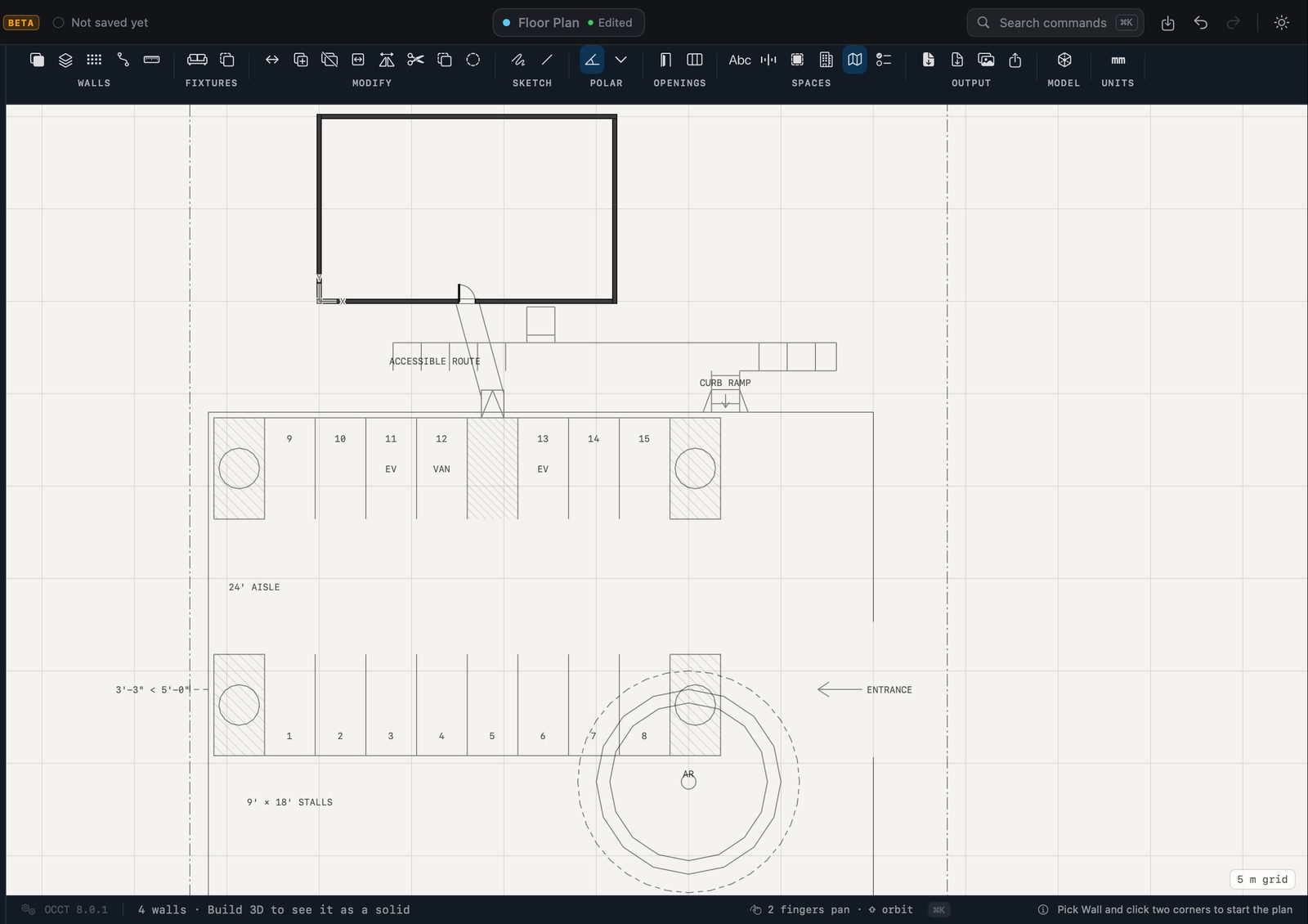 The site plan: accessible and EV spaces, the accessible route, a curb ramp, a gap that is too tight.