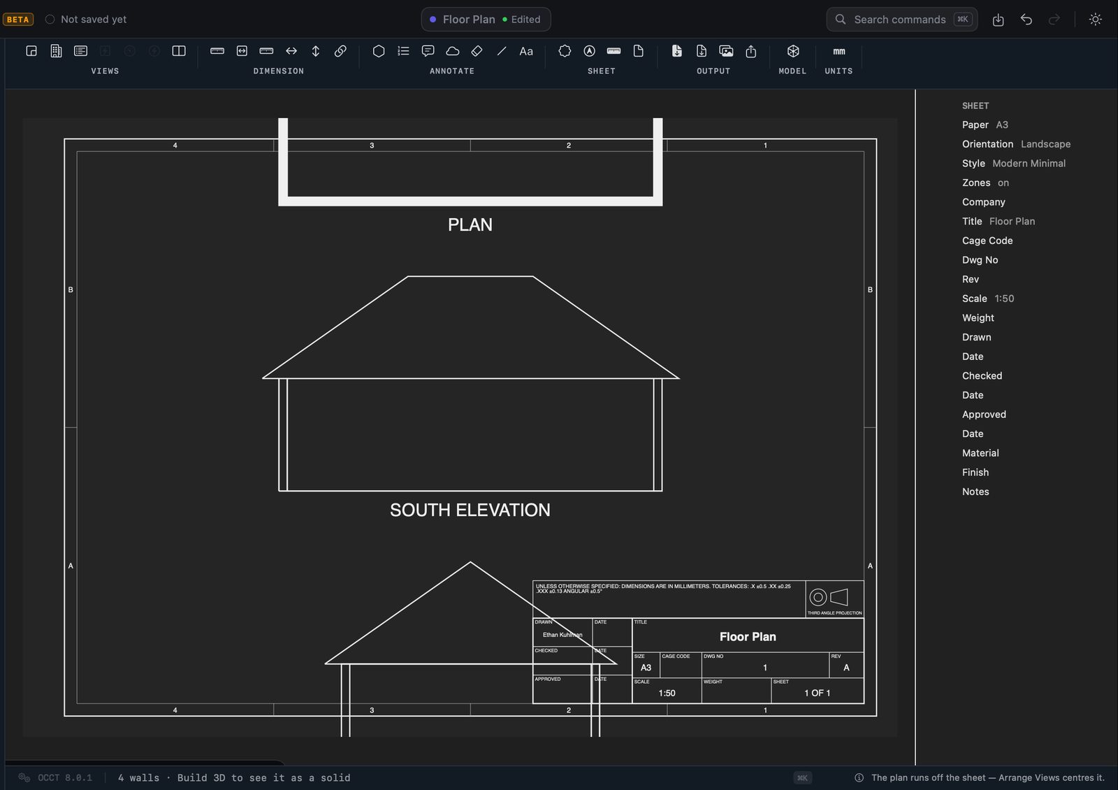 A roof over the plan, and the elevation drawn from it.