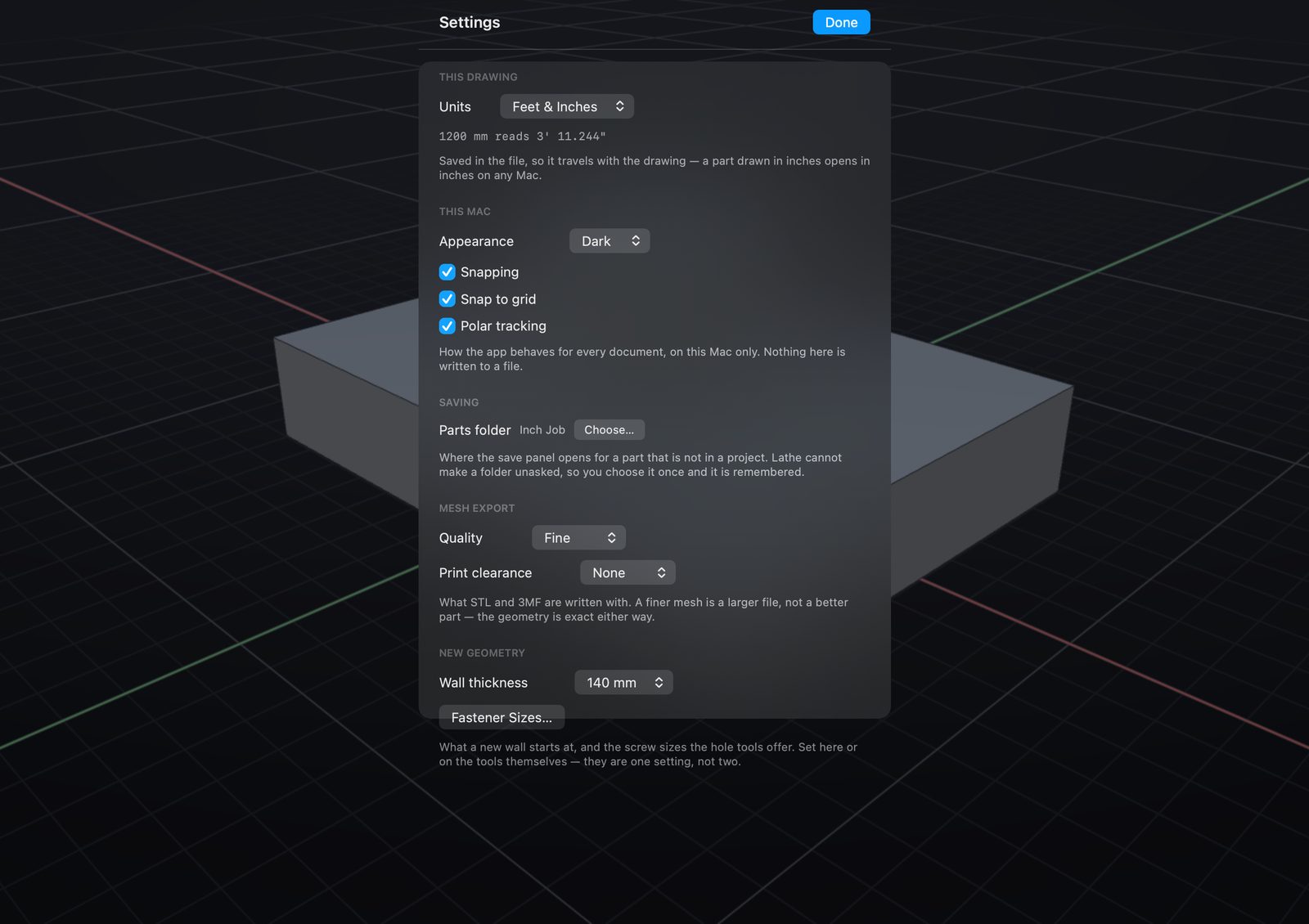 Settings: units, snapping, appearance, printing.